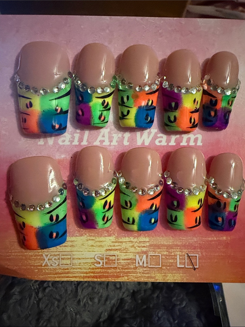 Nude & Neon Leopard French Tip handmade acrylic Press-On Nails with Rhinestones